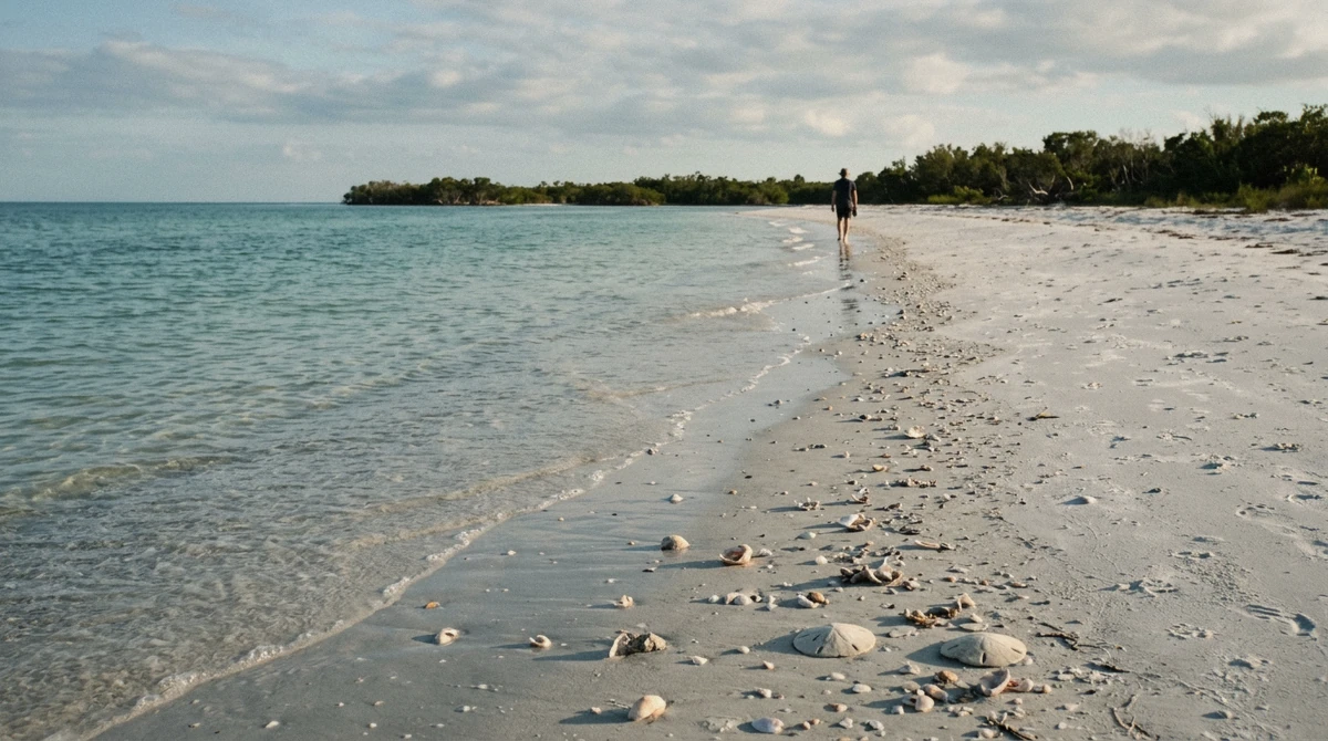 Sand dollars and shells on a remote Ten Thousand Islands beach during a Marco Island sunset cruise and shelling stop, Florida
