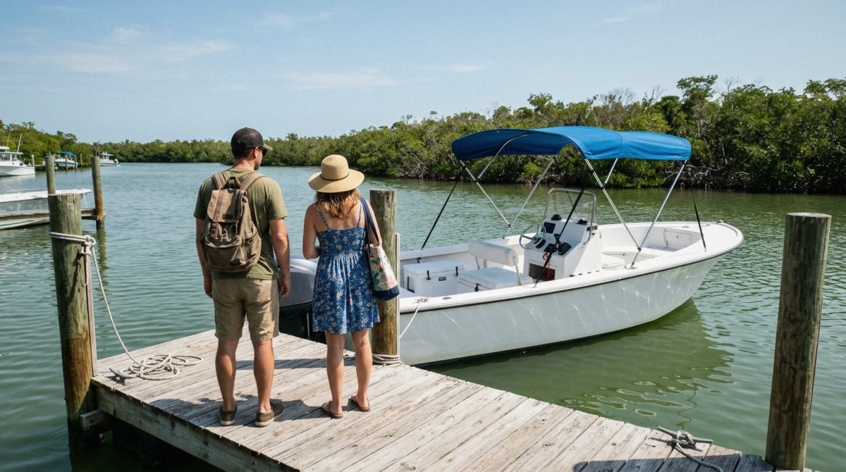 Passengers boarding a tour boat at the dock where Marco Island boat tours depart near Goodland, Florida