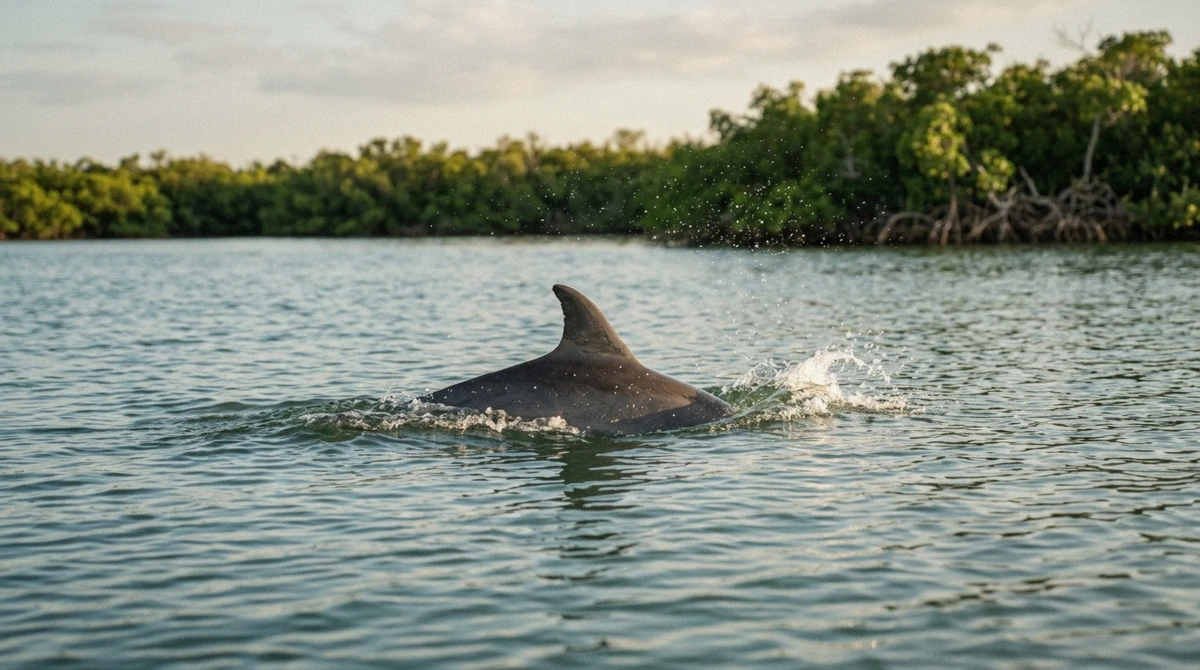 A wild bottlenose dolphin surfacing beside the boat on a Marco Island sunset cruise and dolphin watching trip, Florida