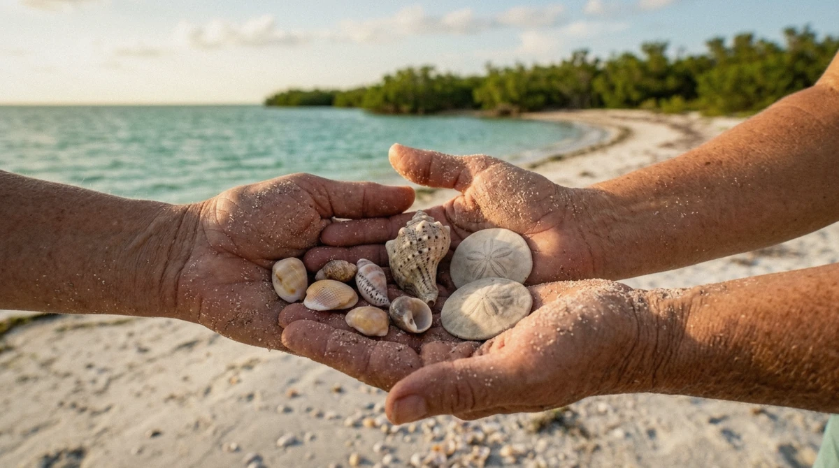 Shells and sand dollars on a remote beach reached on a Marco Island sunset cruise and shelling tour of the Ten Thousand Islands, Florida